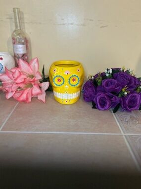 Yellow Sugar Skull Ceramic Vase by